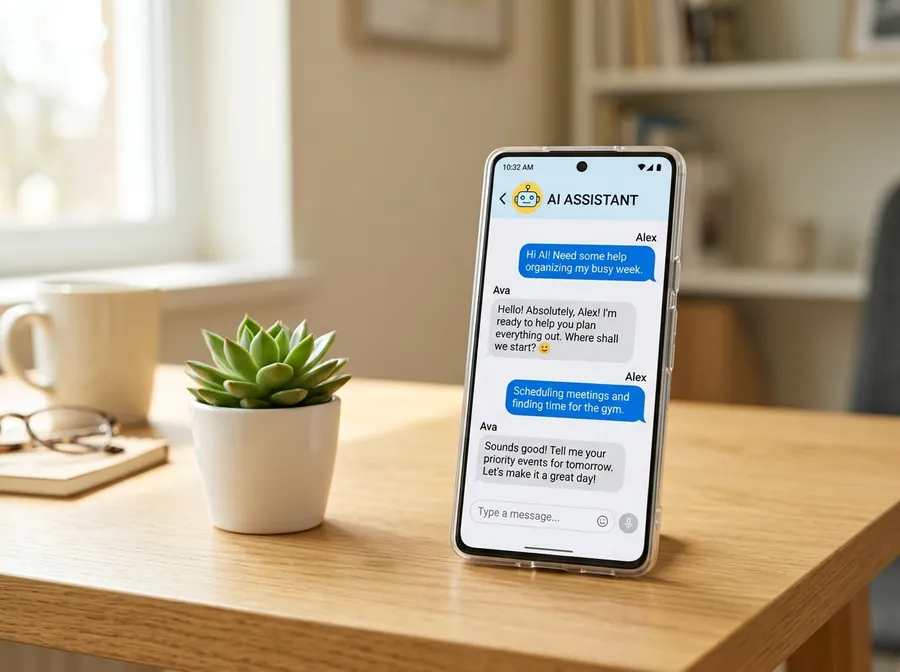 A smartphone showing a friendly AI chat assistant answering a customer