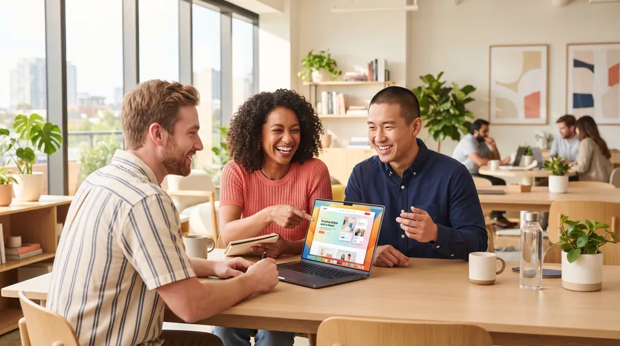 The Atlas9 team collaborating on a website design in a bright office