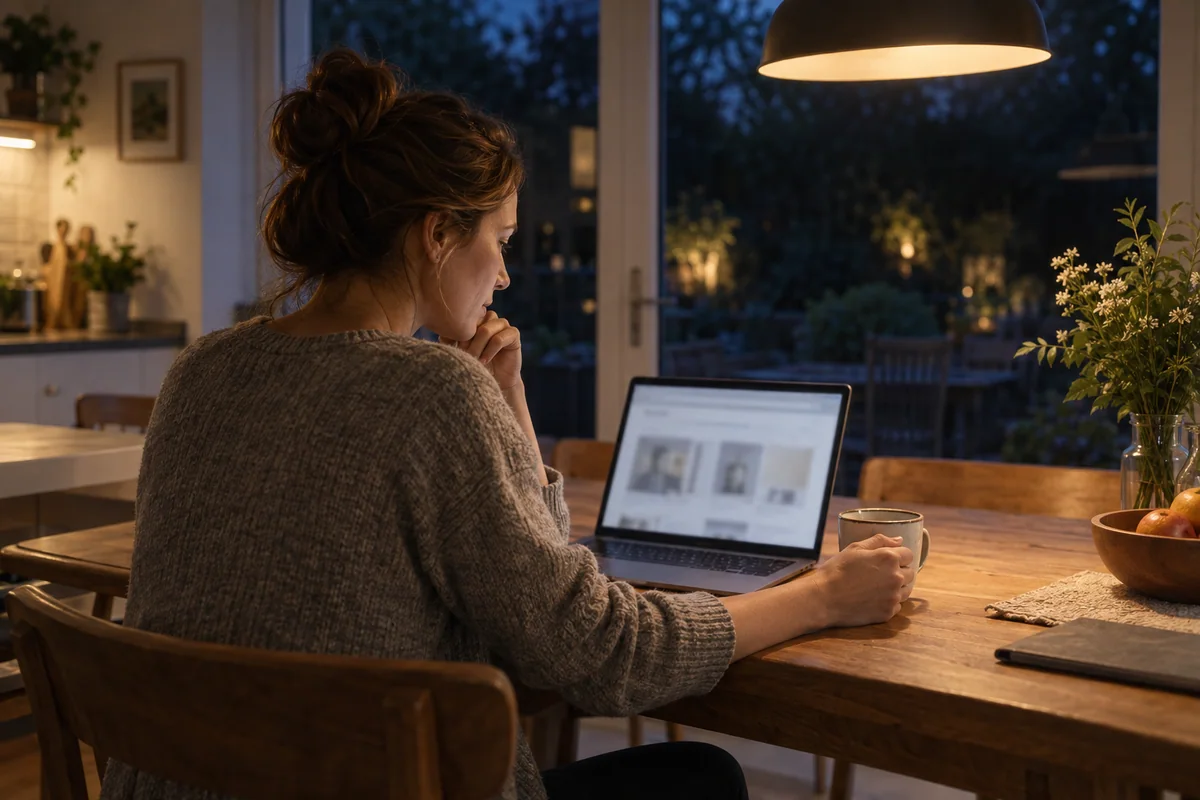 A homeowner looking for information on a laptop at the kitchen table in the evening