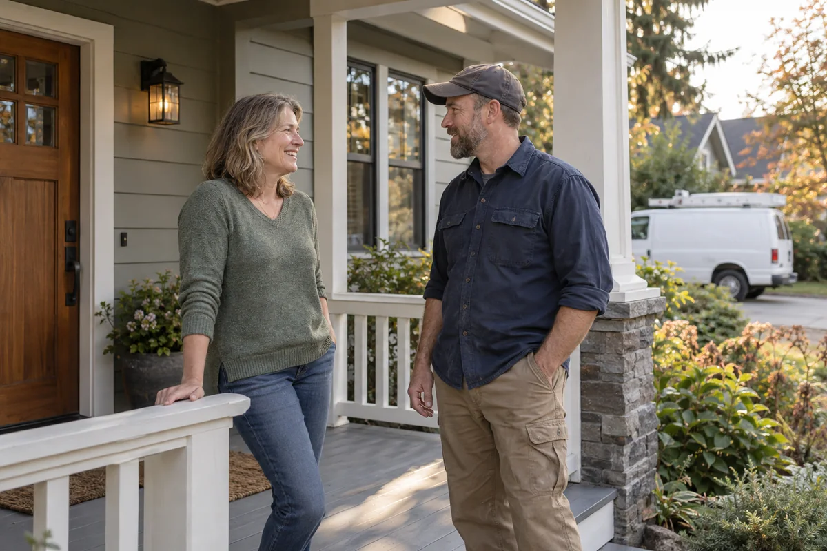 A contractor and homeowner talking on a finished porch