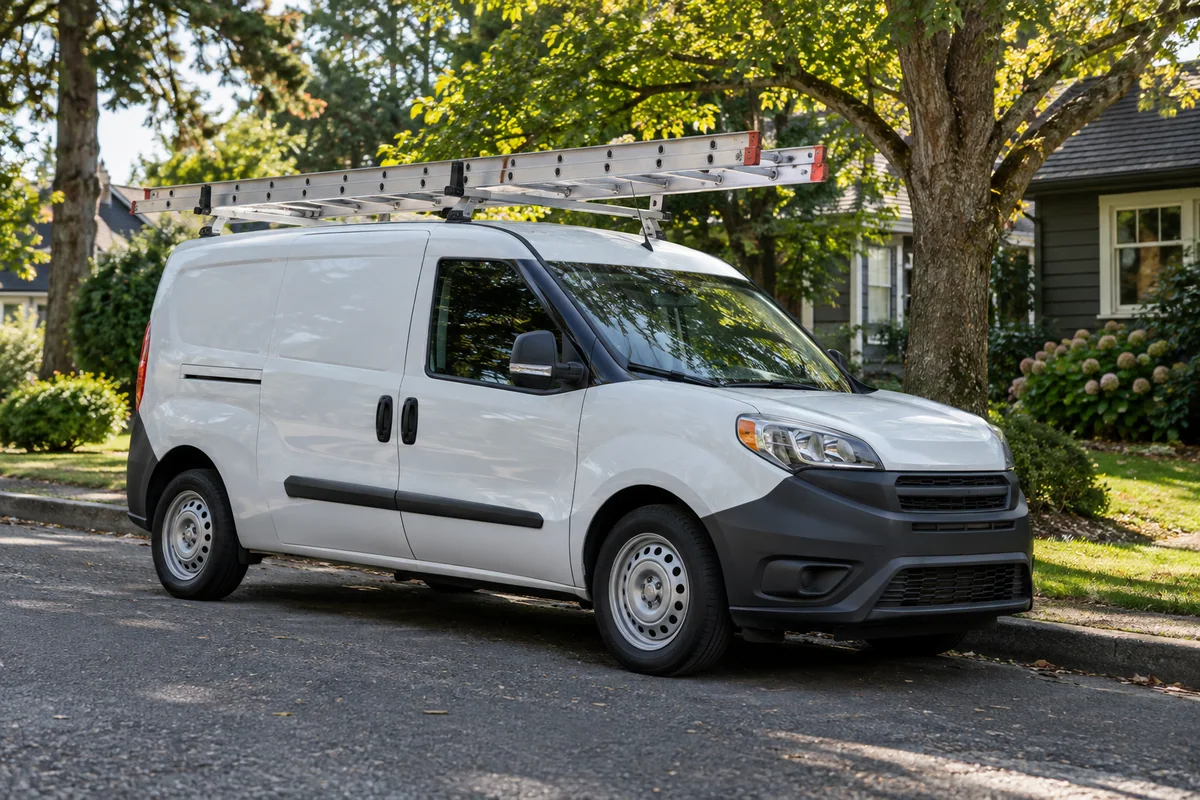 A work van parked in a residential neighborhood