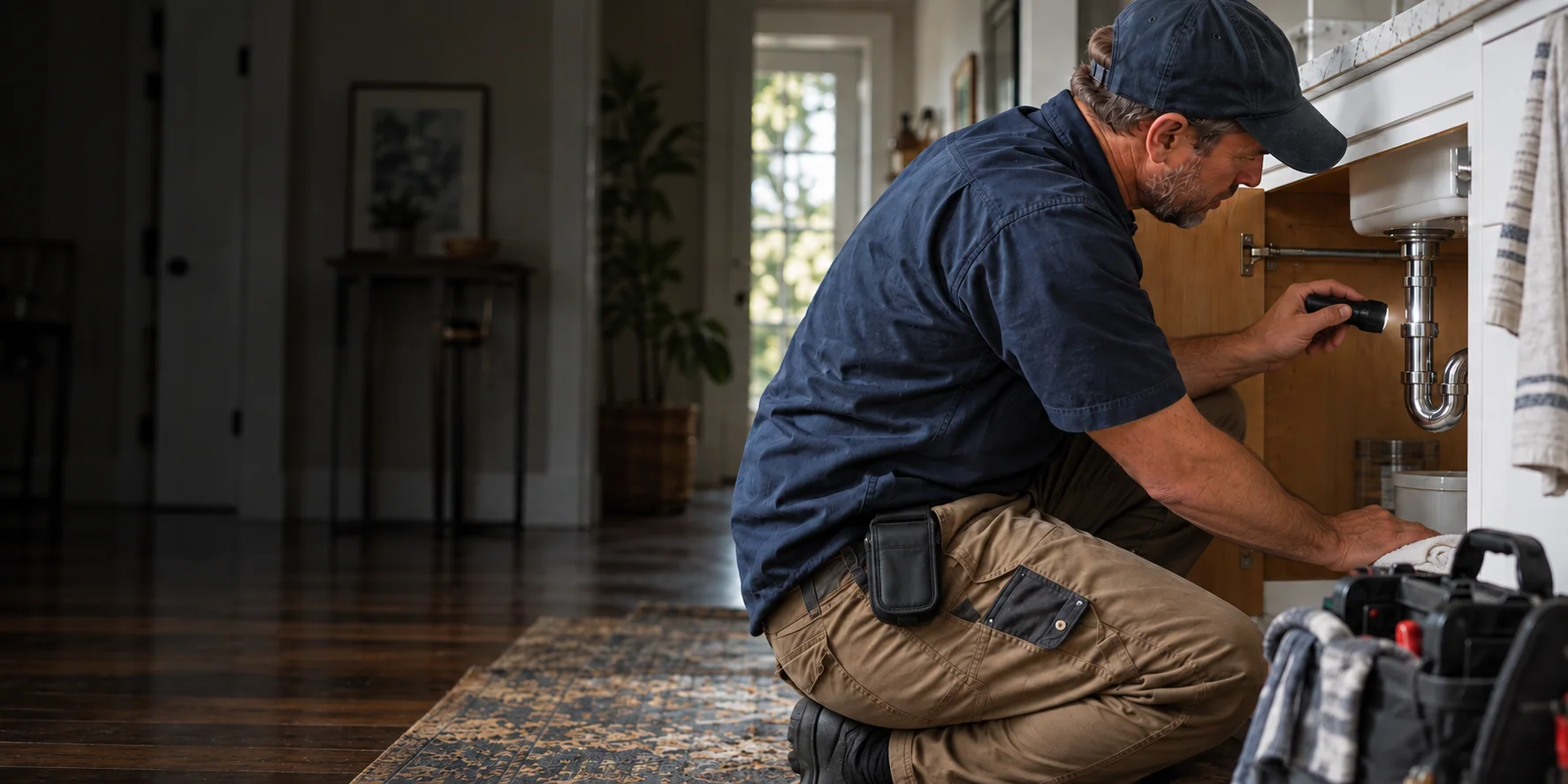 A plumber inspecting a drain while his attention is on the job