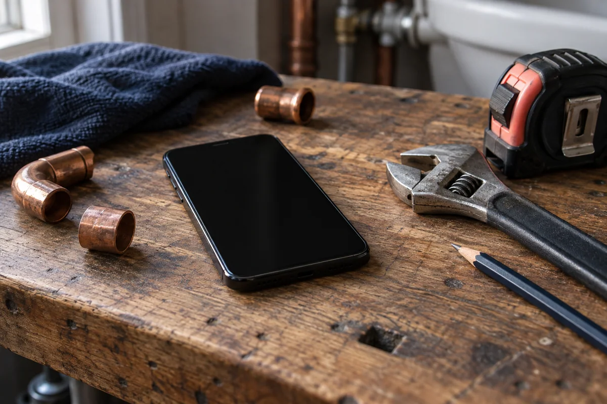 A phone waiting on a workbench while the owner is on the job